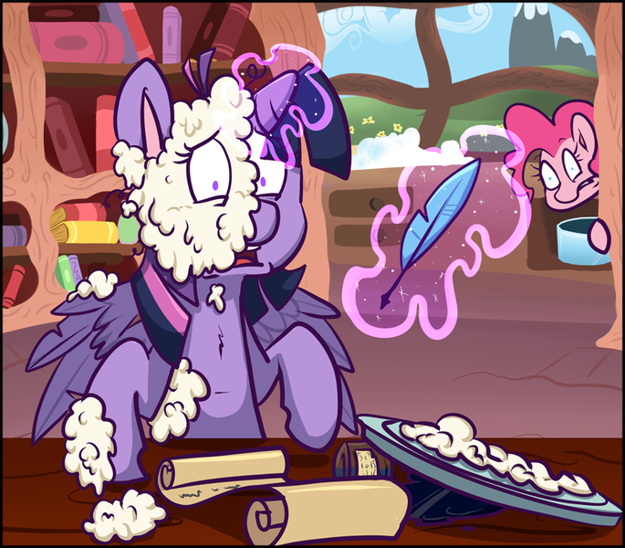 Size: 800x701 | Tagged: safe, artist:pippy, derpibooru import, pinkie pie, twilight sparkle, twilight sparkle (alicorn), alicorn, pony, pinkiepieskitchen, female, ink, magic, mare, mashed potatoes, messy, observer, quill, scroll, single panel, table, writing