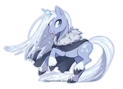 Size: 1015x737 | Tagged: safe, artist:daggerleonelli, derpibooru import, oc, oc:winterspell, unofficial characters only, pony, unicorn, cloak, clothes, happy, snowflake, solo, stars, unshorn fetlocks