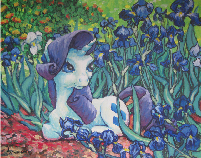 Size: 900x707 | Tagged: acrylic painting, artist:sunset80, derpibooru import, flower, iris (flower), rarity, safe, solo, traditional art, vincent van gogh