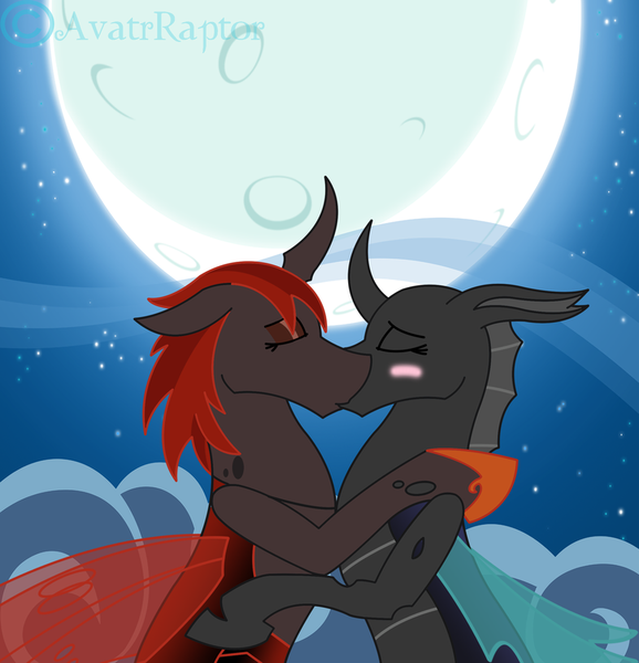 Size: 877x910 | Tagged: artist:avatarraptor, blushing, changeling, changeling oc, derpibooru import, female, kissing, lesbian, oc, oc:gypsy, oc:princess amanita, red changeling, safe, shipping, unofficial characters only