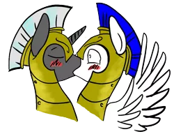 Size: 901x691 | Tagged: safe, artist:silver1kunai, derpibooru import, pegasus, pony, unicorn, armor, blushing, eyes closed, gay, kissing, male, royal guard, shipping, spread wings, surprise kiss, surprised, wide eyes, wingboner