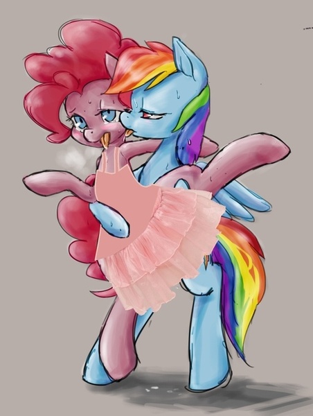 Size: 500x663 | Tagged: questionable, artist:ifthemainecoon, artist:mylittlepornedits, derpibooru import, edit, pinkie pie, rainbow dash, pony, bipedal, clothes, dress, female, lesbian, not porn, pinkiedash, raised leg, shipping, sweat, tutu