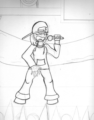 Size: 392x500 | Tagged: safe, artist:rdk, derpibooru import, babs seed, anthro, unguligrade anthro, baseball cap, cap, concert, eyes closed, female, hat, microphone, monochrome, preview, solo, traditional art, wip