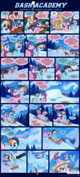 Size: 1155x2545 | Tagged: safe, artist:sorcerushorserus, derpibooru import, derpy hooves, firefly, rainbow dash, rarity, surprise, pegasus, pony, unicorn, comic:dash academy, clothes, comic, female, g1, g1 to g4, generation leap, hat, mare, ponyville, scarf, sled, snow, winter