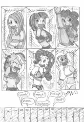 Size: 1024x1487 | Tagged: suggestive, artist:limpurtikles, derpibooru import, applejack, fluttershy, pinkie pie, rainbow dash, rarity, twilight sparkle, equestria girls, belly button, black and white, bondage, bra, breasts, cleavage, clothes, crop top bra, female, females only, frilly underwear, gag, grayscale, humanized, locker, mane six, monochrome, panties, rope, tape gag, underwear