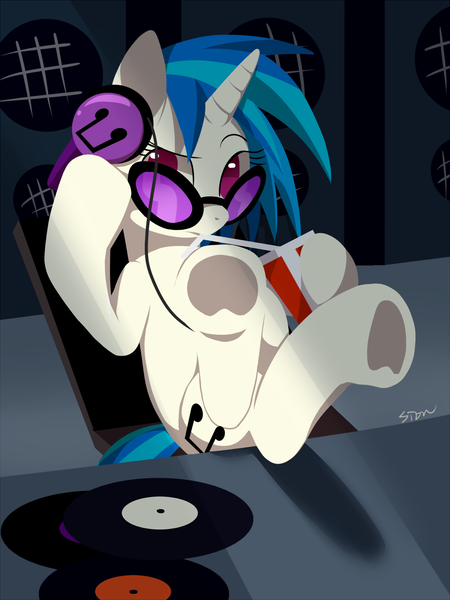 Size: 1200x1600 | Tagged: artist:sion, cute, derpibooru import, drink, headphones, hooves, hooves on the table, looking at you, safe, sitting, solo, underhoof, vinylbetes, vinyl scratch