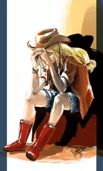 Size: 744x1229 | Tagged: applejack, artist:ddhew, crying, derpibooru import, human, humanized, light skin, sad, safe, sitting, solo