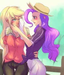 Size: 845x990 | Tagged: safe, artist:bakki, derpibooru import, applejack, rarity, human, blushing, clothes, dirt, dirty, female, fence, freckles, handkerchief, hat, humanized, lesbian, light skin, one eye closed, rarijack, shipping, sweat