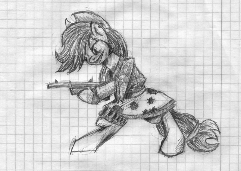 Size: 4110x2907 | Tagged: safe, artist:halfaman, derpibooru import, applejack, pony, bipedal, clothes, graph paper, gun, hat, monochrome, plaid shirt, shirt, shotgun, sketch, skirt, solo, traditional art, weapon, wild west