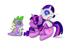 Size: 5100x3300 | Tagged: safe, artist:thebubbleqat, derpibooru import, rarity, spike, twilight sparkle, twilight sparkle (alicorn), alicorn, pony, doll, female, mare, mouth hold, needle, pin, pincushion spike, plushie, rarity plushie, sewing, spike plushie, thread