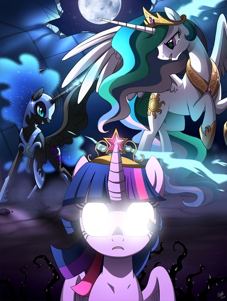 Size: 749x995 | Tagged: safe, artist:ruhje, derpibooru import, nightmare moon, princess celestia, twilight sparkle, twilight sparkle (alicorn), alicorn, pony, princess twilight sparkle (episode), season 4, female, glowing eyes, mare, moon, scene interpretation