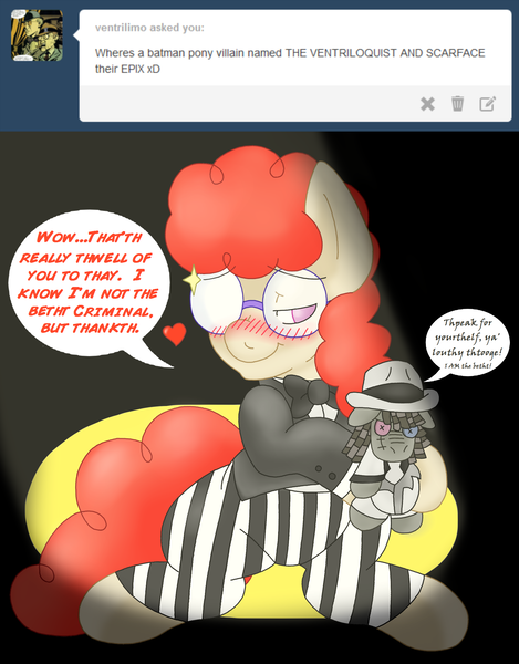 Size: 1800x2302 | Tagged: artist:blackbewhite2k7, batman, clothes, crossover, derpibooru import, glasses, lisp, parody, safe, scarface, smarty pants, the ventriloquist, tumblr, twist