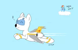 Size: 2824x1845 | Tagged: safe, artist:goldenpansy, derpibooru import, rainbow dash, oc, oc:mcponnel donut, original species, plane pony, pony, aircraft, cloud, dc-9, flying, jet, plane, sky