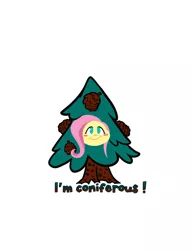 Size: 600x776 | Tagged: artist:bunnimation, clothes, costume, derpibooru import, fluttershy, fluttertree, pinecone, pine tree, safe, solo, text, tree, tree costume
