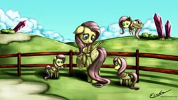 Size: 2000x1125 | Tagged: artist:esuka, cute, derpibooru import, fence, floppy ears, fluttershy, frown, nervous, petting zoo, pointy ponidox, pointy ponies, pun, raised hoof, safe, smiling, underhoof