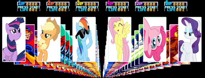 Size: 985x376 | Tagged: applejack, arcade, artist:drpain, derpibooru import, fluttershy, konami, mane six, marvel, pinkie pie, rainbow dash, rarity, safe, twilight sparkle, video game, x-men