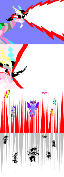 Size: 650x1800 | Tagged: applejack, bad end, comic, dead, derpibooru import, double dead, fake, fluttershy, homestuck, lord english, magic blast, mane six, meme, oc, pinkie pie, rainbow dash, rarity, [s] caliborn: enter, semi-grimdark, tiara ultima, twilight sparkle