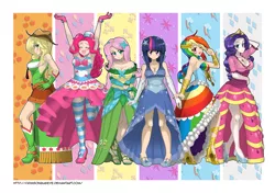 Size: 2517x1772 | Tagged: applejack, armpits, artist:crimsonbugeye, blushing, bouncing, bouncing breasts, bow, breasts, busty applejack, busty fluttershy, busty pinkie pie, busty rainbow dash, busty rarity, busty twilight sparkle, cleavage, clothes, crown, cute, derpibooru import, dress, evening gloves, eyes closed, feet, female, females only, fluttershy, gala dress, high heels, human, humanized, light skin, line-up, mane six, open mouth, pinkie pie, ponytail, pose, rainbow dash, rarity, sandals, sideboob, smiling, standing, stockings, suggestive, twilight sparkle, wink