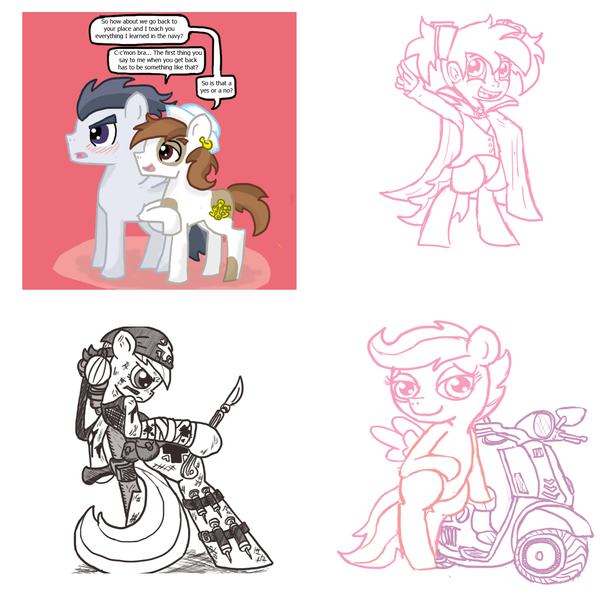 Size: 1400x1400 | Tagged: artist:ficficponyfic, bedroom eyes, comic, derpibooru import, dracula, earring, gay, male, moped, nurse redheart, oc, oc:hope, parent:lyra heartstrings, pipsqueak, rumble, rumbsqueak, satyr, scootaloo, scooter, shipping, sketch dump, suggestive