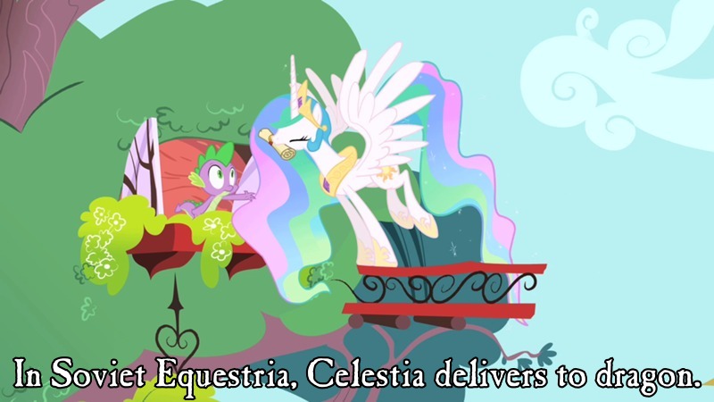 Size: 800x450 | Tagged: derpibooru import, edit, editor:wanderingpony, image macro, in soviet russia, meme, princess celestia, russian reversal, safe, soviet, spike