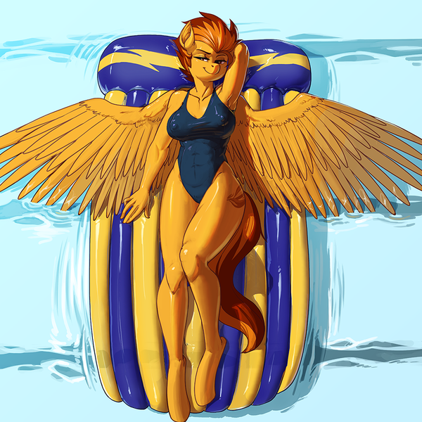 Size: 900x900 | Tagged: suggestive, artist:kevinsano, derpibooru import, spitfire, anthro, pegasus, unguligrade anthro, abs, arm behind head, armpits, breasts, busty spitfire, clothes, female, legs, nipple outline, on back, one-piece swimsuit, seductive pose, sexy, solo, solo female, spread wings, stupid sexy spitfire, swimming pool, swimsuit, thighs, wings