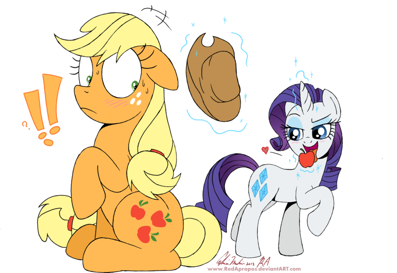 Size: 6762x4661 | Tagged: suggestive, artist:redapropos, derpibooru import, applejack, rarity, earth pony, pony, unicorn, absurd resolution, apple, blushing, exclamation point, eyes on the prize, female, hat, implied cunnilingus, implied oral, implied sex, innuendo, lesbian, licking, lidded eyes, magic, question mark, rarijack, shipping, suggestive eating, sweat, tongue out