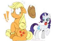 Size: 6762x4661 | Tagged: suggestive, artist:redapropos, derpibooru import, applejack, rarity, earth pony, pony, unicorn, absurd resolution, apple, blushing, exclamation point, eyes on the prize, female, hat, implied cunnilingus, implied oral, implied sex, innuendo, lesbian, licking, lidded eyes, magic, question mark, rarijack, shipping, suggestive eating, sweat, tongue out