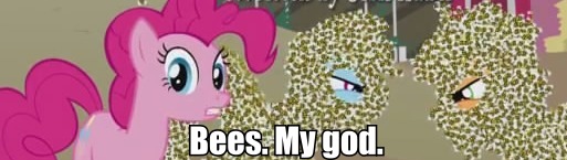 Size: 513x145 | Tagged: applejack, batman, bee, bees my god, caption, castle mane-ia, derpibooru import, image macro, pinkie pie, rainbow dash, safe