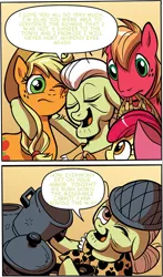 Size: 458x779 | Tagged: safe, artist:brendahickey, derpibooru import, edit, idw, apple bloom, applejack, big macintosh, granny smith, earth pony, pony, arson, comic, male, stallion, text edit