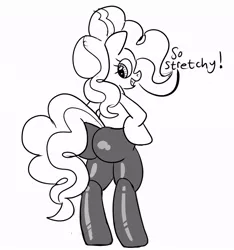 Size: 796x850 | Tagged: suggestive, artist:midnight-wizard, derpibooru import, pinkie pie, pony, bipedal, clothes, female, large butt, latex, leggings, monochrome, nothing at all, plot, solo, solo female, tights, wedgie