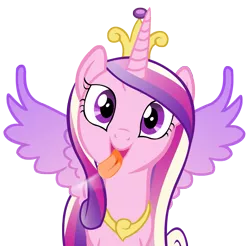 Size: 1735x1707 | Tagged: artist:umbra-neko, cute, cutedance, derpibooru import, fourth wall, licking, licking ponies, looking at you, princess cadance, safe, screen, simple background, solo, spread wings, transparent background, vector, wings
