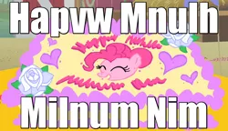 Size: 1000x575 | Tagged: birthday, birthday cake, cake, caption, derpibooru import, edit, edited screencap, happy birthday, hapvw mnulh milnum nim, image macro, party, party of one, pinkie pie, remake, safe, screencap, written equestrian