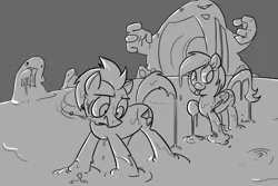 Size: 900x600 | Tagged: safe, artist:butts-mcpoop, derpibooru import, derpy hooves, doctor whooves, time turner, pegasus, pony, female, grayscale, mare, monochrome, monster, slime