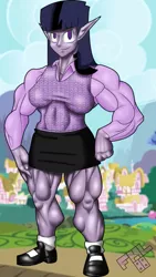 Size: 451x800 | Tagged: artist:femusclelover88, derpibooru import, human, humanized, muscles, pony coloring, ponyville, safe, solo, sweater vest, twilight muscle, twilight sparkle, twilight unbound, werelight shine