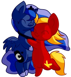 Size: 1200x1300 | Tagged: safe, artist:zoiby, derpibooru import, princess luna, oc, oc:kyle, pony, bipedal, chibi, eyes closed, hug, simple background