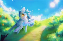 Size: 1158x761 | Tagged: safe, artist:ehbi, derpibooru import, oc, oc:star struck, unofficial characters only, bat pony, pony, flying, food, fruit, lens flare, mango, solo, tree