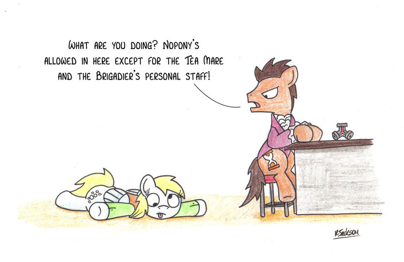 Size: 1024x665 | Tagged: safe, artist:bobthedalek, derpibooru import, derpy hooves, doctor whooves, time turner, pegasus, pony, clothes, doctor who, female, jo grant, mare, stool, table, terror of the autons