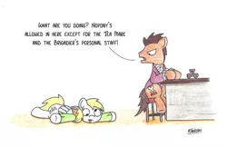 Size: 1024x665 | Tagged: safe, artist:bobthedalek, derpibooru import, derpy hooves, doctor whooves, time turner, pegasus, pony, clothes, doctor who, female, jo grant, mare, stool, table, terror of the autons