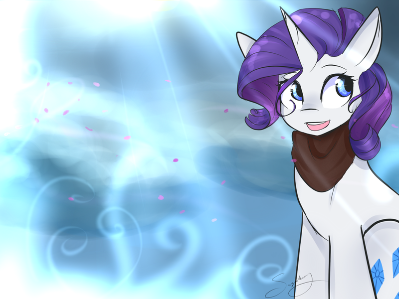 Size: 1193x895 | Tagged: safe, artist:sugarberry, derpibooru import, rarity, pony, unicorn, clothes, cutie mark, female, flower petals, petals, scarf, solo