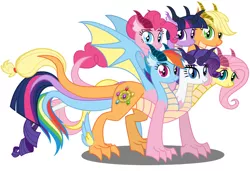 Size: 1024x700 | Tagged: appleflaritwidashpie, applejack, artist needed, ask hydra mane 6, derpibooru import, elements of harmony, fluttershy, fusion, hilarious in hindsight, hydra, hydrafied, hydra pony, looking at you, mane six, mane six hydra, multiple heads, pinkie pie, rainbow dash, rarity, safe, simple background, six heads, species swap, this isn't even my final form, tiamat, twilight sparkle, vector, we have become one, what has science done, white background, you need me