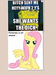 Size: 1200x1600 | Tagged: suggestive, derpibooru import, fluttershy, image, image macro, jpeg, just one bite, pic collage, spongebob squarepants, spongebob squarepants (character), unamused, vulgar