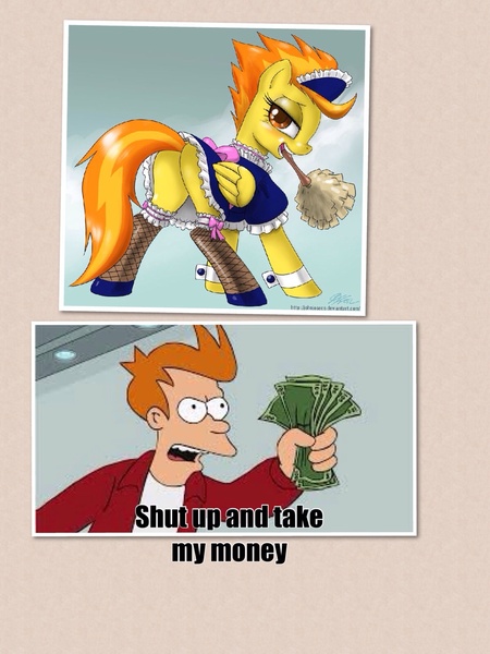 Blushing Caption Clothes Derpibooru Import Duster Fishnets Futurama Image Macro Maid Meme Money Philip J Fry Plot Shut Up And Take My Money Spitfire Stockings Suggestive Twibooru