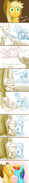 Size: 600x3670 | Tagged: safe, artist:sion, derpibooru import, applejack, rainbow dash, appledash, comforting, comic, engrish, female, kissing, lesbian, sad, shipping