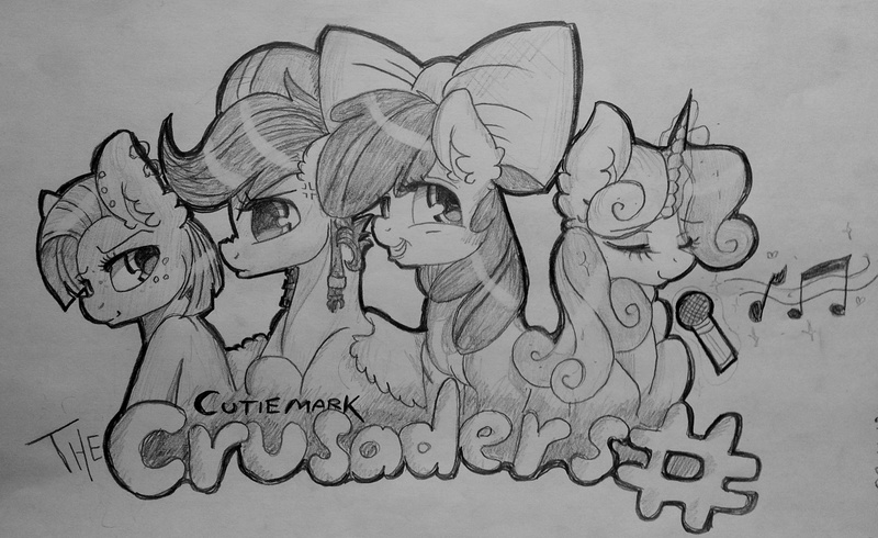 Size: 3137x1921 | Tagged: apple bloom, artist:themoonraven, babs seed, cutie mark crusaders, monochrome, safe, scootaloo, sweetie belle, traditional art