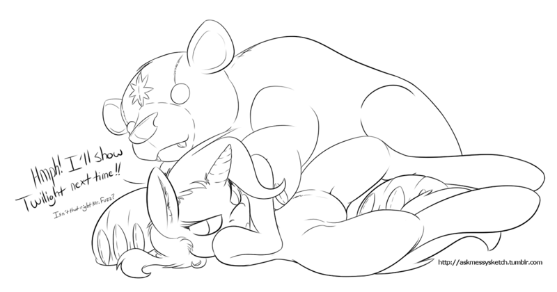 Size: 1280x672 | Tagged: safe, artist:messysketch, derpibooru import, trixie, pony, unicorn, ursa minor, black and white, cute, dialogue, female, grayscale, lineart, mare, monochrome, plushie, simple background, solo, teddy bear, ursa plush, white background