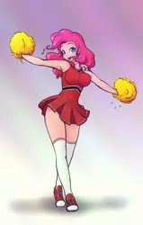 Size: 653x1024 | Tagged: armpits, artist:scorpdk, breasts, busty pinkie pie, cheerleader, cheerleader pinkie, clothes, converse, cute, derpibooru import, diapinkes, dress, female, human, humanized, light skin, pinkie pie, pom pom, safe, shoes, short dress, sneakers, socks, solo, thigh highs, whistle