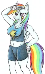 Size: 628x1024 | Tagged: anthro, artist:jameythehedgehog, belly button, breasts, busty rainbow dash, clothes, compression shorts, derpibooru import, female, makeup, rainbow dash, safe, salute, solo