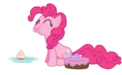 Size: 550x341 | Tagged: a bird in the hoof, artist:angeli98ca, cake, chewing, cupcake, derpibooru import, eyes closed, pinkie pie, safe, simple background, sitting, solo, transparent background, vector