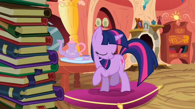 Size: 1920x1080 | Tagged: animated, animated png, blinking, book, cute, derpibooru import, eyes closed, pillow, prancing, raised hoof, raised leg, safe, smiling, solo, spike at your service, talking, teacup, teapot, twiabetes, twilight sparkle