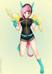 Size: 637x900 | Tagged: artist:lalox, breasts, bunny ears, clothes, dangerous mission outfit, female, fluttershy, goggles, human, humanized, light skin, solo, solo female, suggestive, tailed humanization, winged humanization